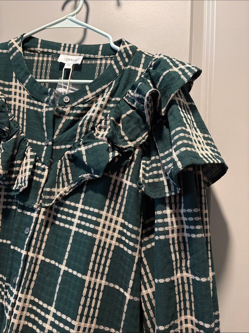 GeeGee x Lovelo Plaid Ruffle Shirt Mini Dress 2X Green Cream Cotton NWT - Picture 8 of 11